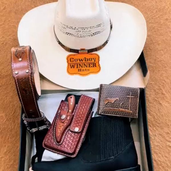 Kit Cowboy - Botina + Chapéu Boiadeiro + Carteira +  Cinto + Faca